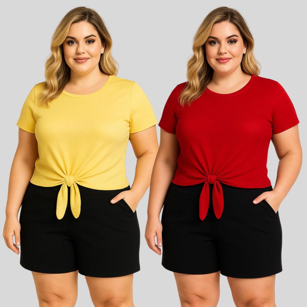 Kit 2 Conjunto Plus Size Feminino de Blusa e Short. Conjunto Bermuda e Blusa Plus Size com Amarração. em Oferta na Shopee