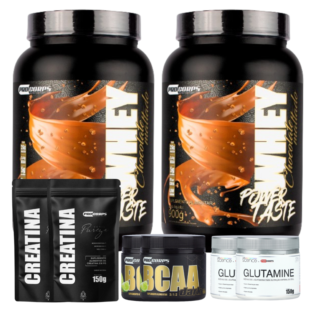 Kit Ganho de Massa 2 Whey 900g + 2 BCAA 150g + 2 Creatina Pura 150g + 2 Glutamina 150g
