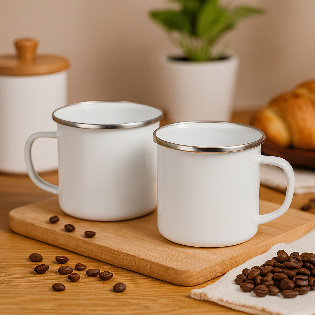 Kit 2 Caneca Ágata Esmaltada Retrô Branca com Borda Metálica 300ml Cozinha Café Chá Decoração Roça
