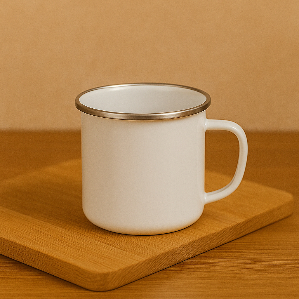 Caneca Ágata Esmaltada Branca Retrô 300ml Borda Metálica Prateada Café Chá Decoração