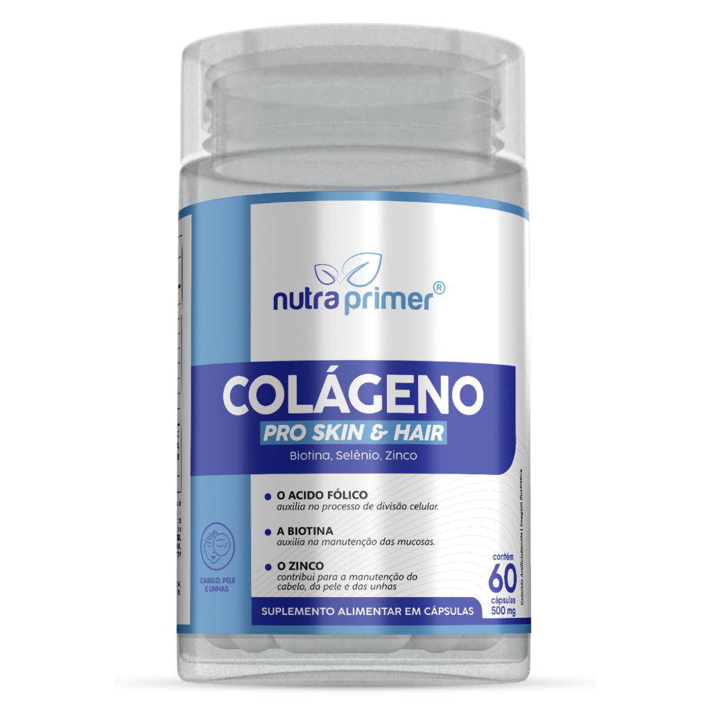 Colágeno PRO Skin & Hair Nutraprimer 60 Cáps – Colágeno Hidrolisado Ac. Hialurônico Biotina Q10 Zinco Selênio Ac. Fólico