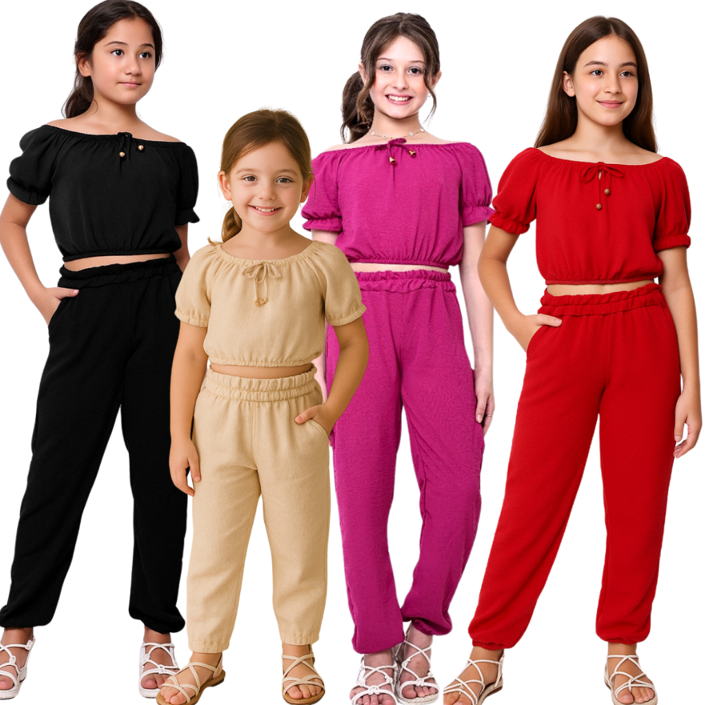 CONJUNTO INFANTIL MENINA BLOGUEIRINHA CALÇA JOGGER E CROPPED CIGANINHA 5 A 12 ANOS
