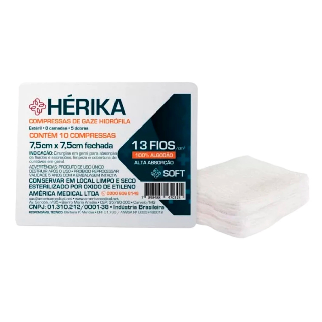 Compressa de Gaze Estéril Hérika Hidrófila 13 Fios 7,5x7,5cm 15x26cm