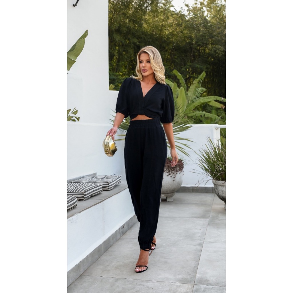 Conjunto Feminino Blusa Transpassada e Calça Cenoura em Linho Misto em Oferta na Shopee