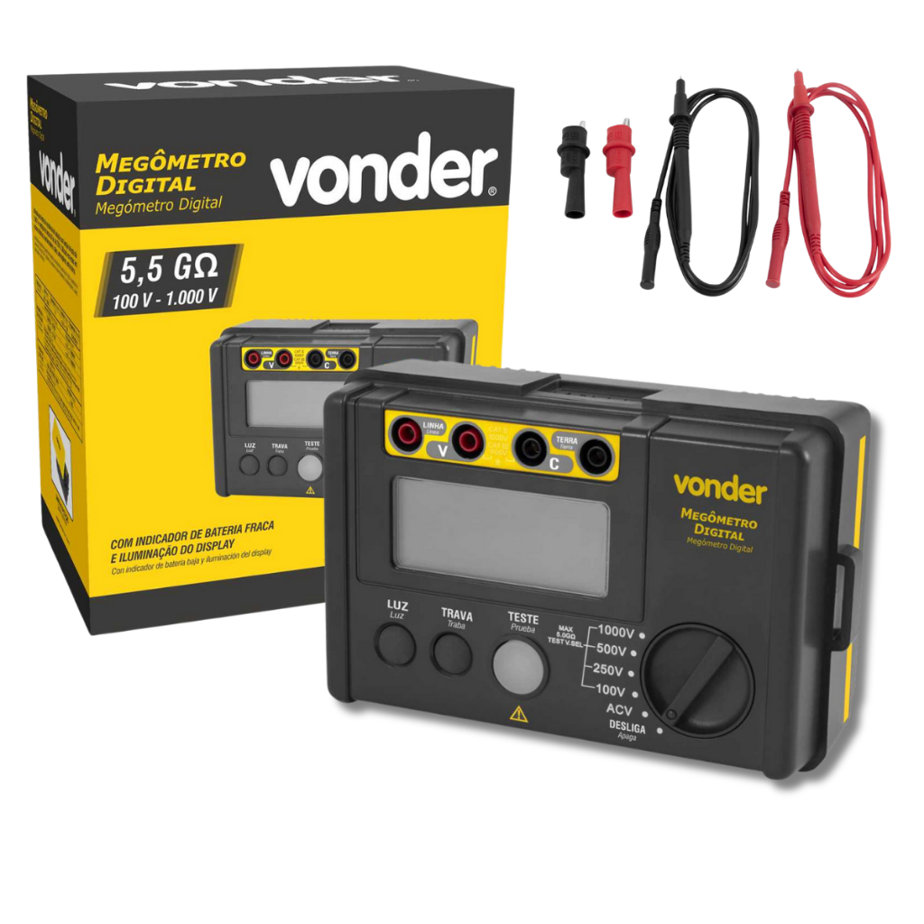 Megômetro Digital 5.5g 100v-1000v Vonder Cabo Ponta De Prova