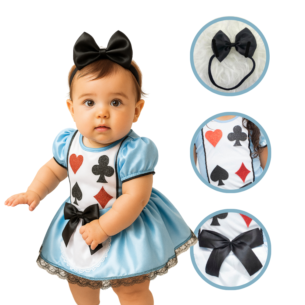 Fantasia Alice Bebê Princesa com Vestido e Laço para Mesversario e Festa Temática