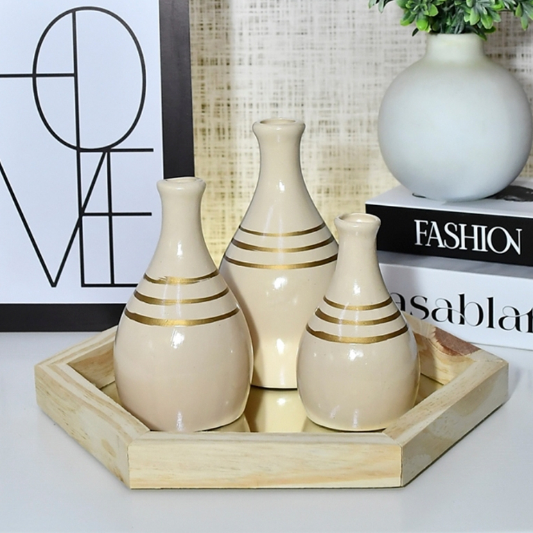 Enfeite Kit 4 Peças Bandeja + Vaso Cerâmica Rack Sala Conjunto Completo Decorativas Trio Centro Mesa