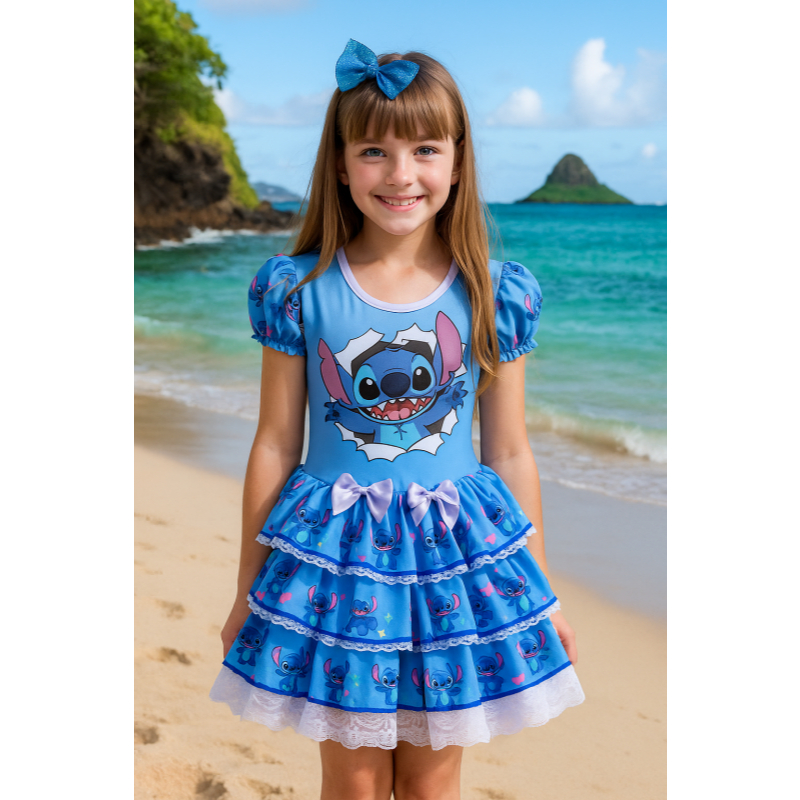 Vestido Stitch Luxo Com Laço Festa Aniversário Menina Com Laço Infantil Filme