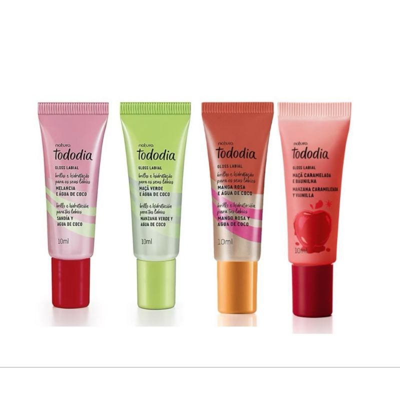 Gloss Labial Natura Tododia Maçã Verde e Água de Côco, Manga Rosa e Água de Côco, Melancia e Água de Côco