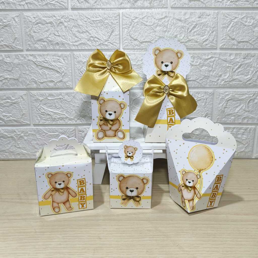 Kit Personalizados caixinhas CHÁ REVELAÇÃO URSO DOURAADO E BEGE CHÁ DE BEBÊ Lembrancinha aniversário-Festa PEGUE E MONTE
