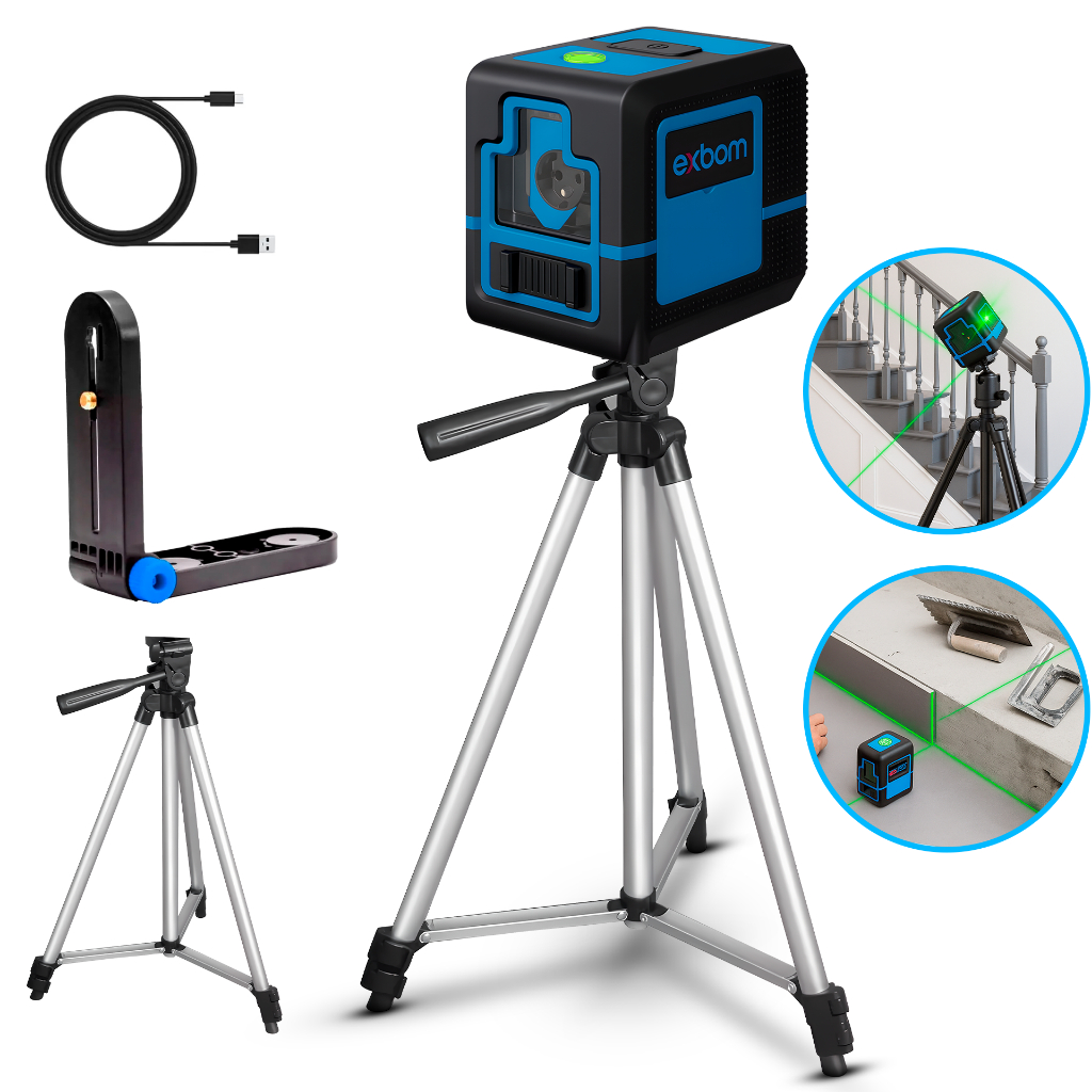 Nível A Laser Verde 2 Linhas + Tripé + Esquadro + Suporte