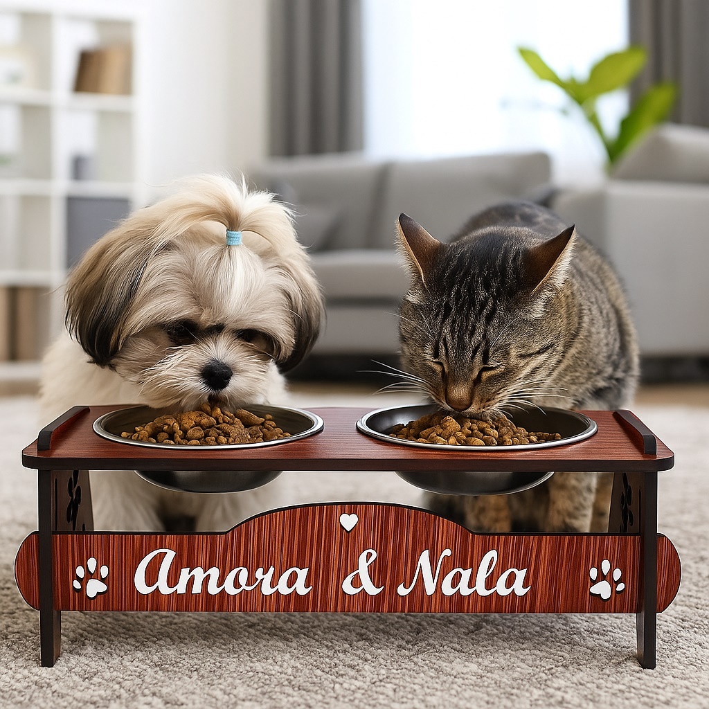 Comedouro PERSONALIZADO Pet Com TAMPAS Inclinável Cão e Gato Potes Inox Pet