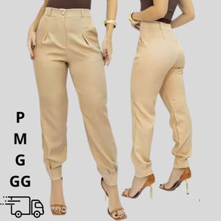 Calça Cenoura Feminina Alfaiataria Cintura Alta com Zíper Frontal, Bolsos e Pence
