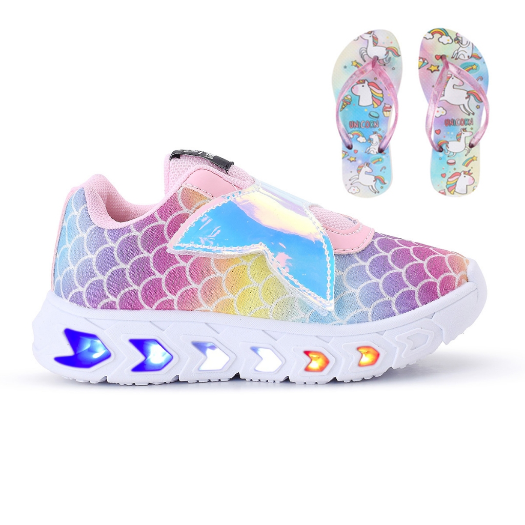 Kit Tenis Feminino Infantil Sereia Glitter De Led Meninas Cano Alto + Chinelo Linkito