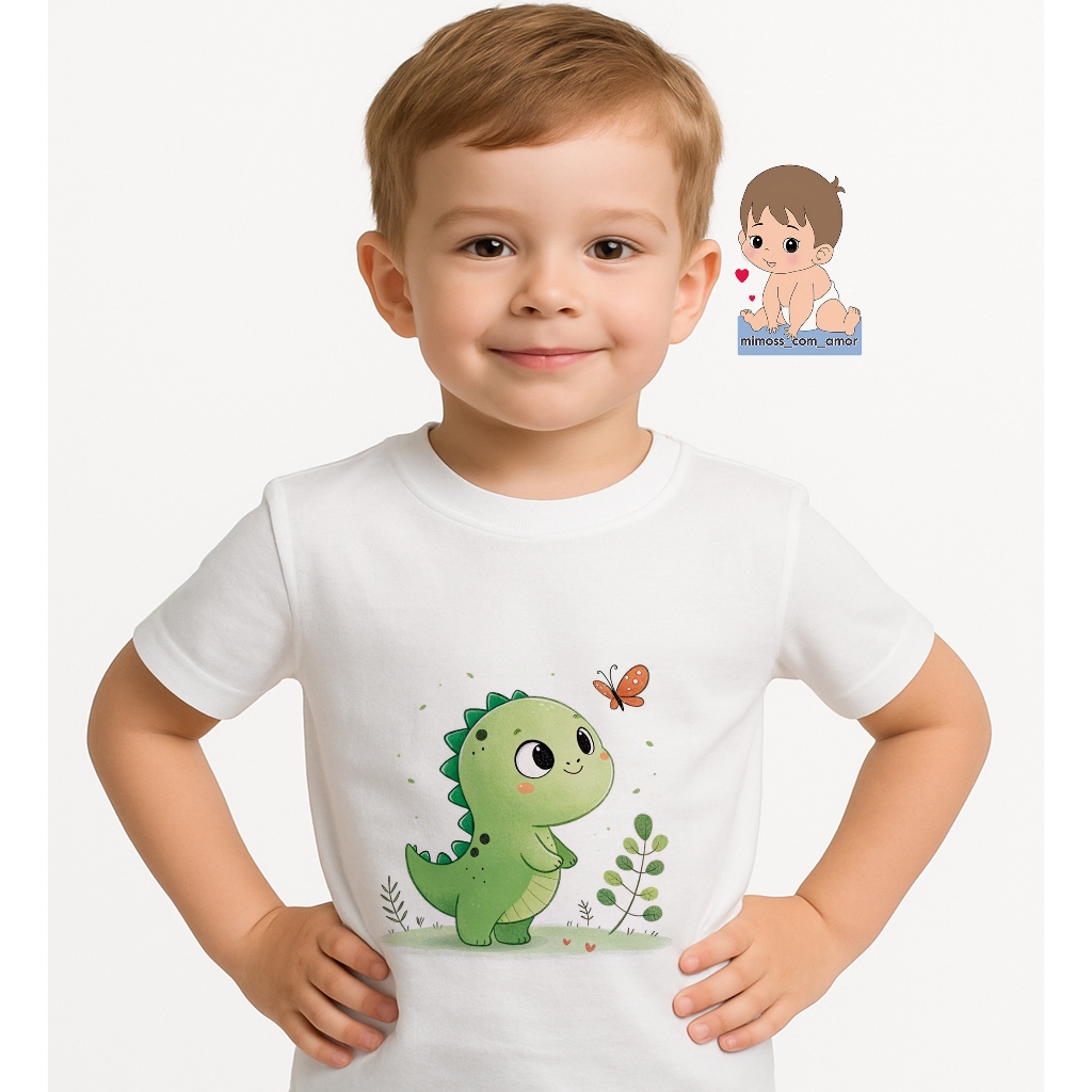 Camiseta de Criança Personalizada Dinossauro Com Borboleta Infantil Para Menino ou Menina A500