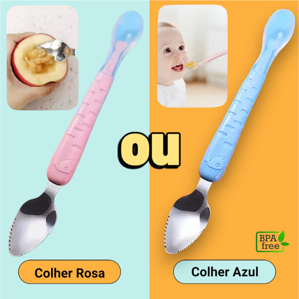 Colher para Bebê 2 em 1 Raspa Fruta Silicone Papinha Infantil em Oferta na Shopee