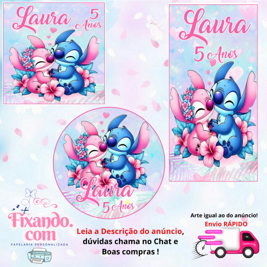 STITCH E ANGEL - 100/60/40 Adesivos Personalizados para Festas ( Envia Rápido)