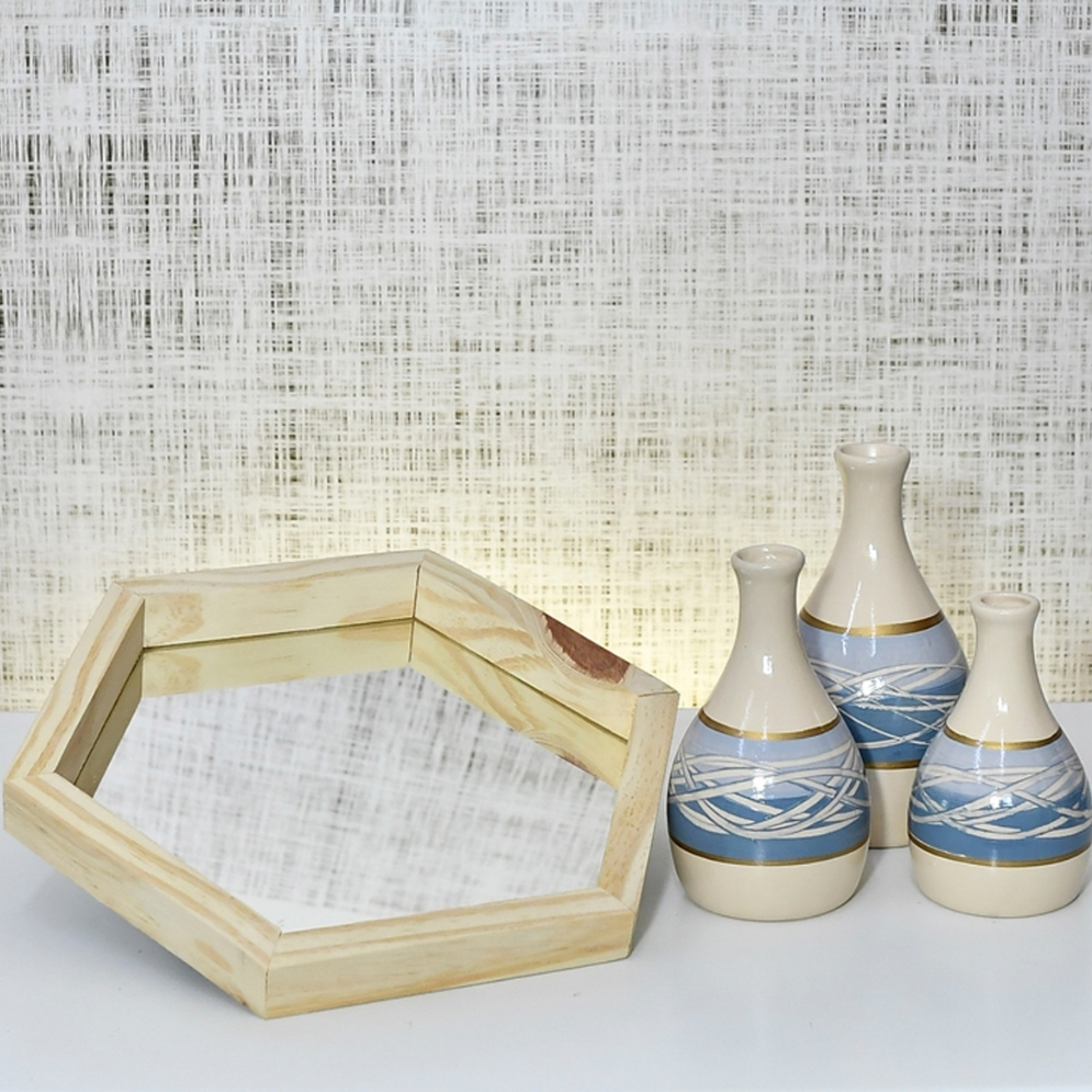 Kit 3 Jarros + Bandeja Espelho Enfeite Decorativo Cerâmica Elegante Conjunto Completo Casa Sala Mesa