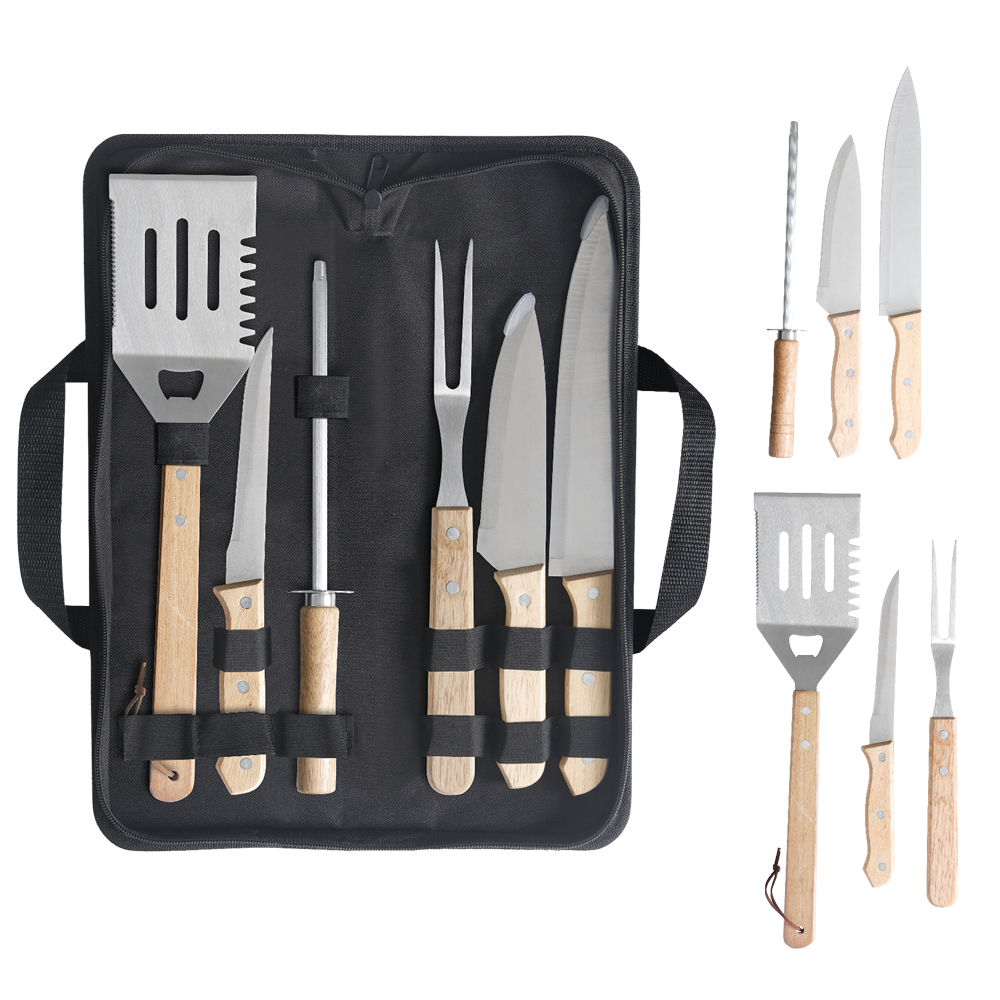 Kit Churrasco 7 Peças Aço Inox e Estojo Resistente com Facas Garfo Espátula Amol