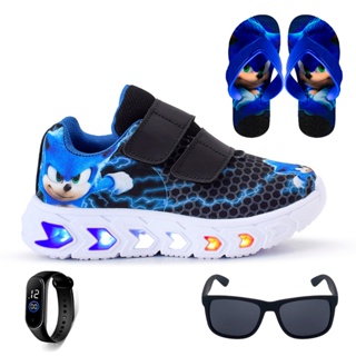 kit Tênis Masculino Infantil De Led Meninos Sonic Velcro Preto + Chinelo + Óculos e Relógio Linkito em Oferta na Shopee