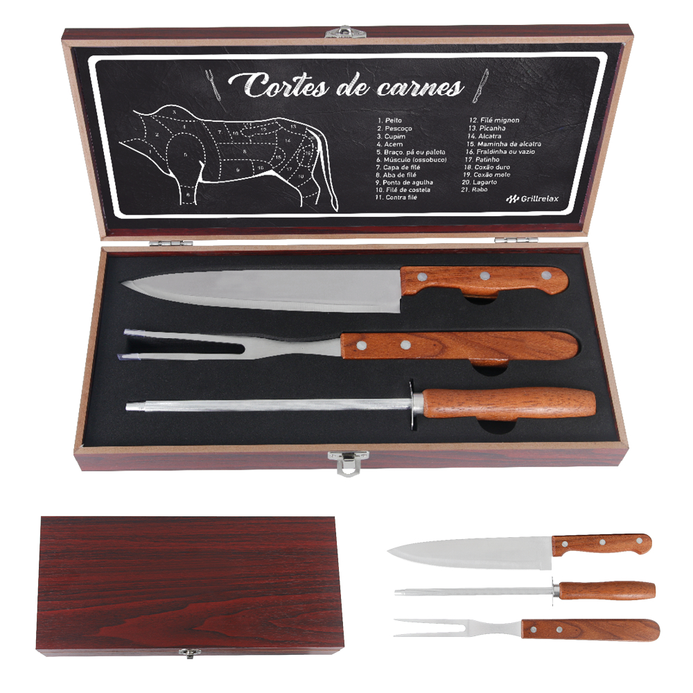 Kit Churrasco 4 Peças Aço Inox e Caixa de Madeira Garfo Faca e Amolador Grillrelax em Oferta na Shopee