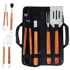 Kit Churrasco 5 Peças Maleta de transporte ChurrascoPegador Garfo Espátula Pincel Aço Inox Grillrelax