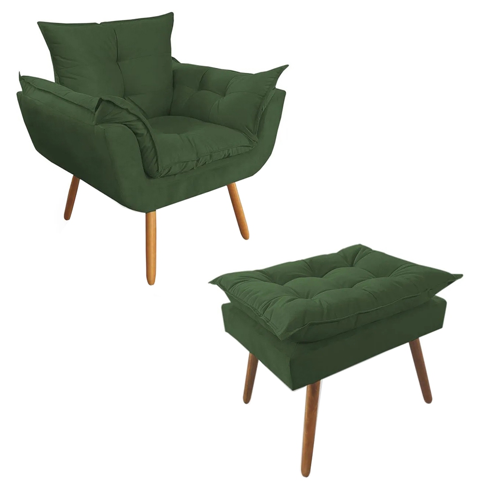 Combo Poltrona com Puff Opalla D23 Suede Verde Pés Palito Madeira Sala Quarto Moderna
