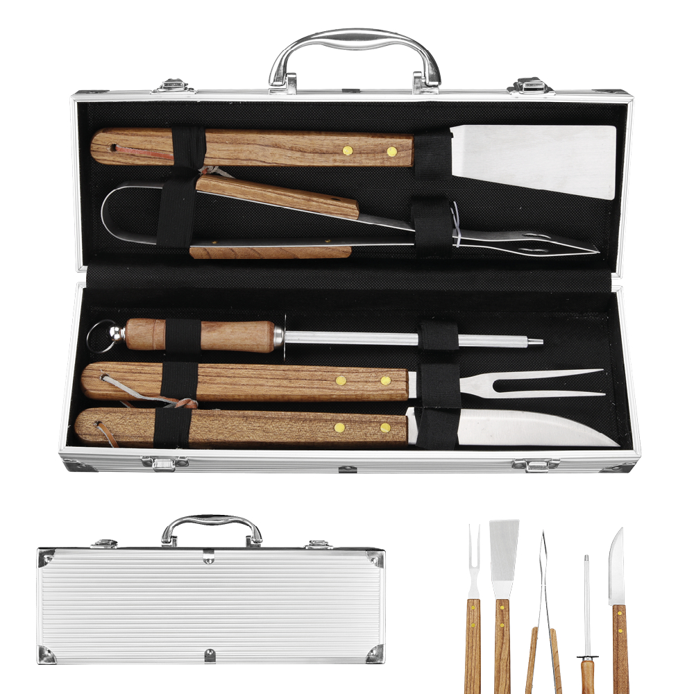 Kit Churrasco 6 Peças Aço Inox com Maleta Faca Garfo Pegador Amolador Espátula Grillrelax