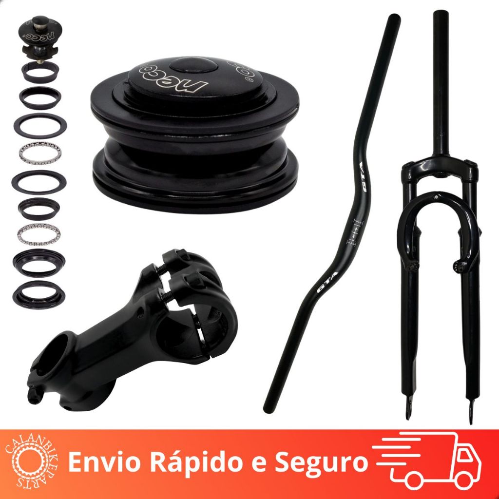 Kit Completo Montadinha Jogo De Direção + Suspensão Amortecedor Guidão E Mesa Bicicleta Mtb