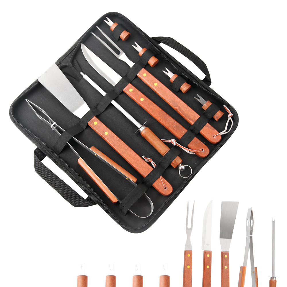 Kit Churrasco 10 Peças Completo Aço e cabo de madeira Inox Faca, garfo, Pegador, Espátula, Amolador, e pegador petisco em Oferta na Shopee