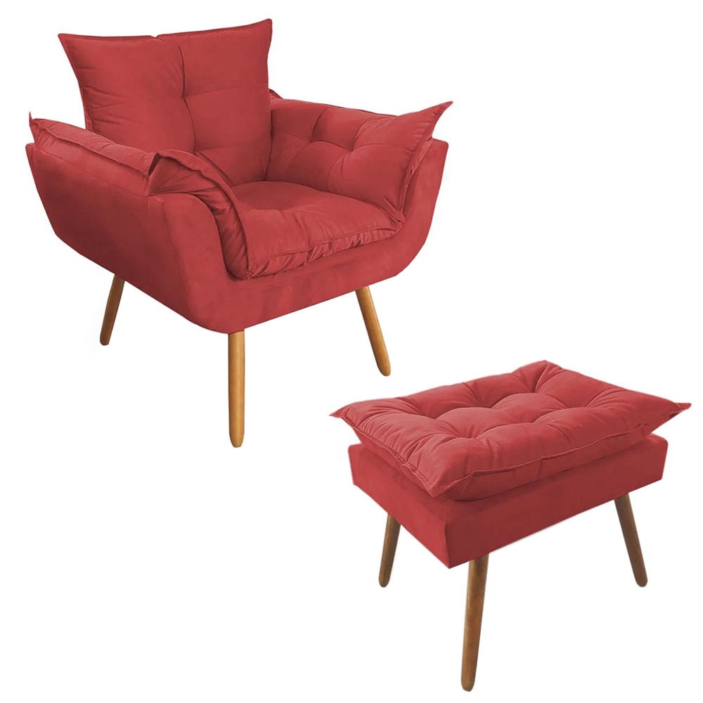 Combo Poltrona Puff Opalla D23 Suede Vermelho Pés Palito Sala Quarto Moderna