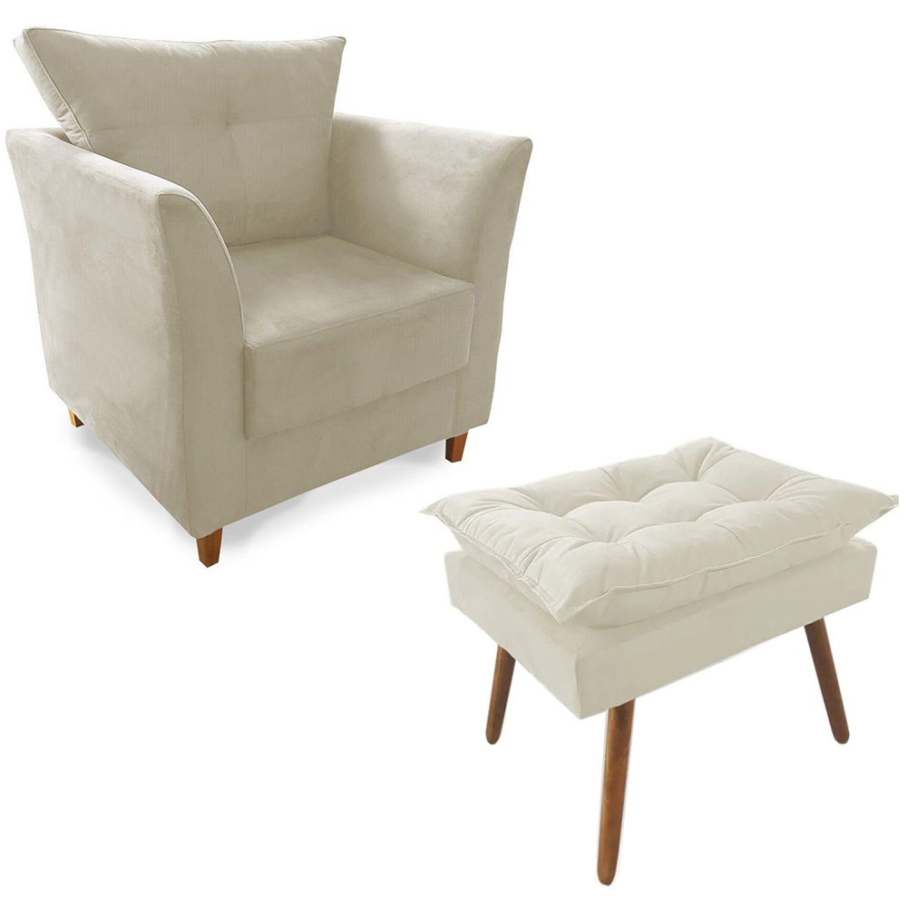 Combo Poltrona Isis com Puff Opalla D23 Suede Bege Pés Madeira Sala Quarto Confortável