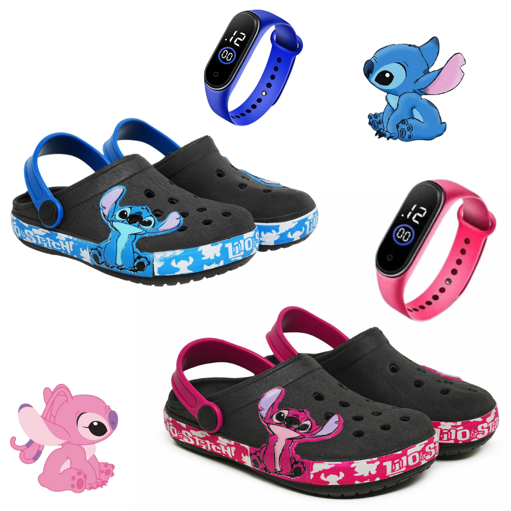 Babuche Infantil Stitch  + Relógio Digital – Confortável, Antiderrapante e Leve em Oferta na Shopee