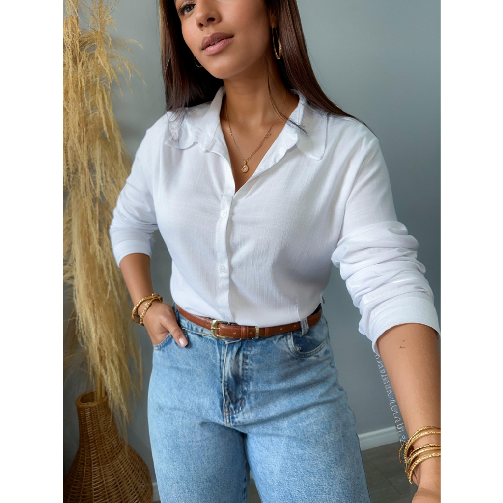 Camisa Social Feminina Trabalho Estudos Blusa Casual Manga Longa Botões na Frente