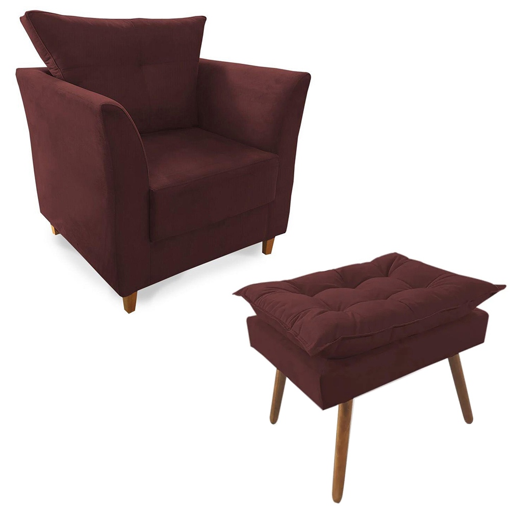 Combo Poltrona Isis com Puff Opalla D23 Suede Bordô Pés Madeira Sala Quarto Confortável