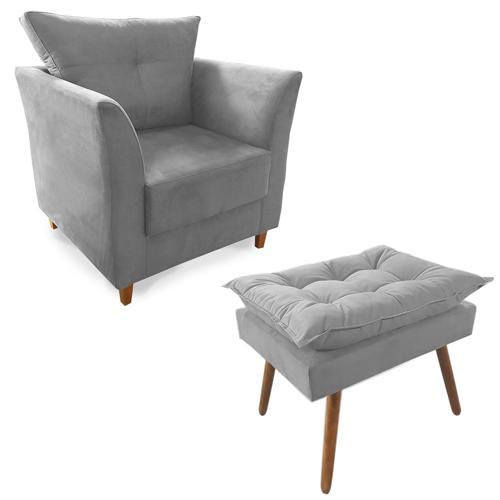 Combo Poltrona Isis com Puff Opalla D23 Suede Cinza Pés Madeira Sala Quarto Confortável