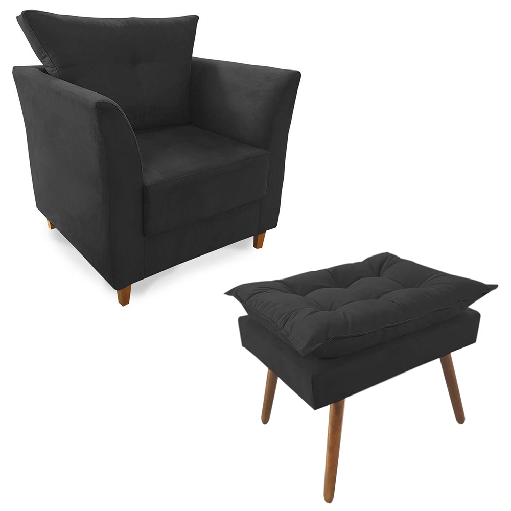 Combo Poltrona Isis com Puff Opalla D23 Suede Preto Pés Madeira Sala Quarto Confortável