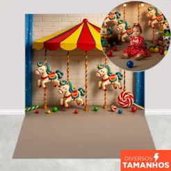 Fundo Fotográfico Infantil Dia das Crianças Cenário Carrossel Painel para Fotos em Tecido Sublimado