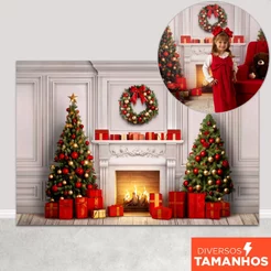 Painel de Natal Decoração Cenário Lareira Fundo Fotográfico Natalino Em Tecido Sublimado para Foto