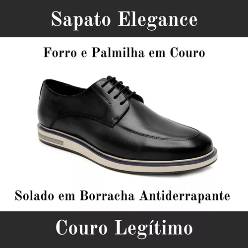 Sapato Casual Masculino Preto em Couro Legítimo Sapatênis Social Esporte Fino Confort