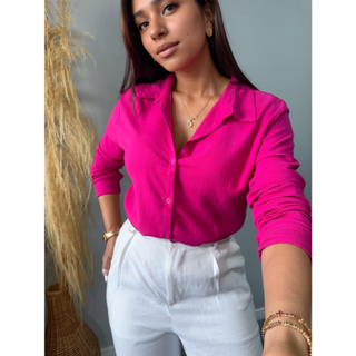 Camisa Viscolinho Com Elastano Feminina Social Basica Camisete Elegante MAnga Longa em Oferta na Shopee