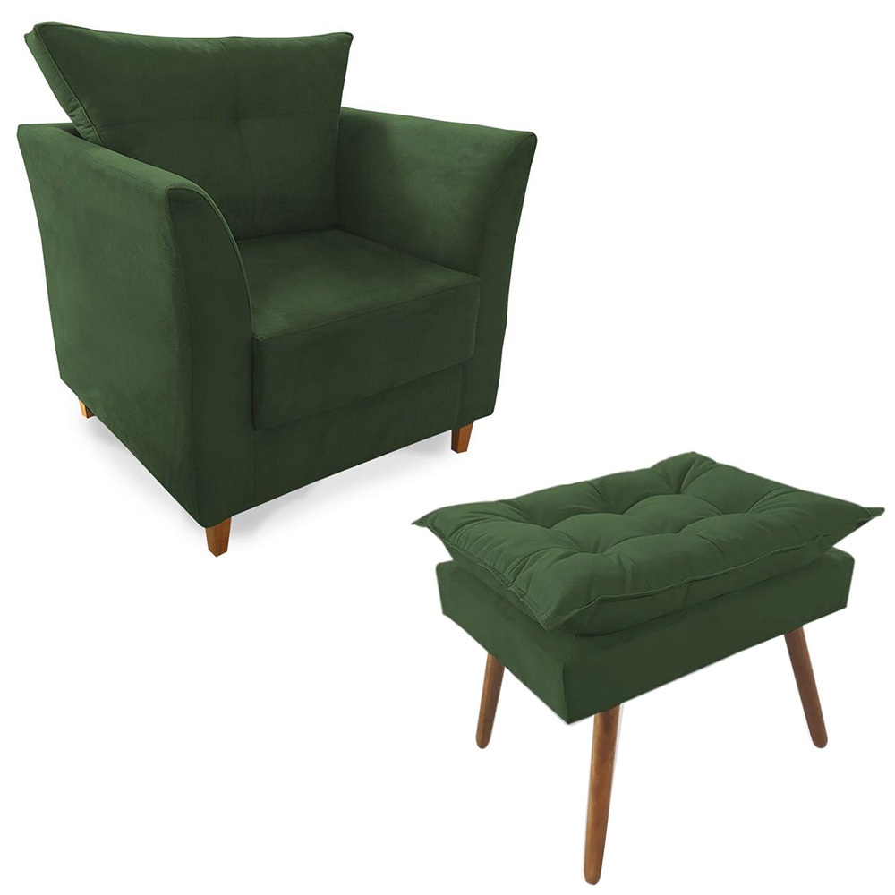 Combo Poltrona Isis com Puff Opalla D23 Suede Verde Pés Madeira Sala Quarto Confortável