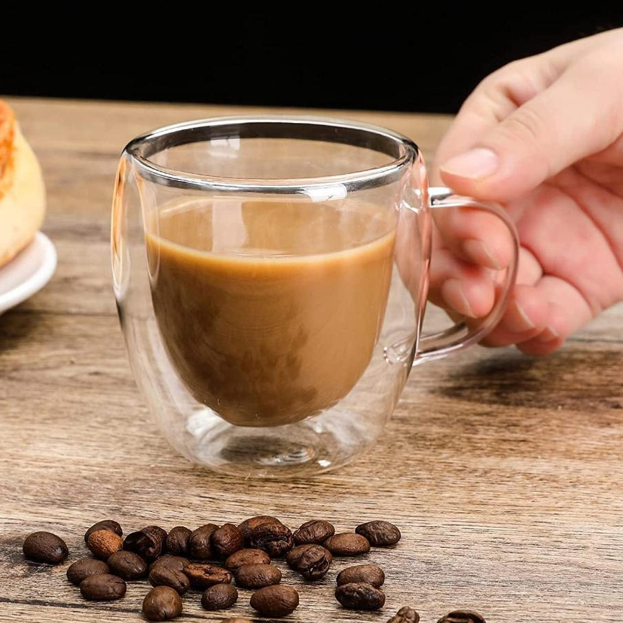 Xícara de Vidro Duplo 110ml Para Café Chá Drink Com Alça