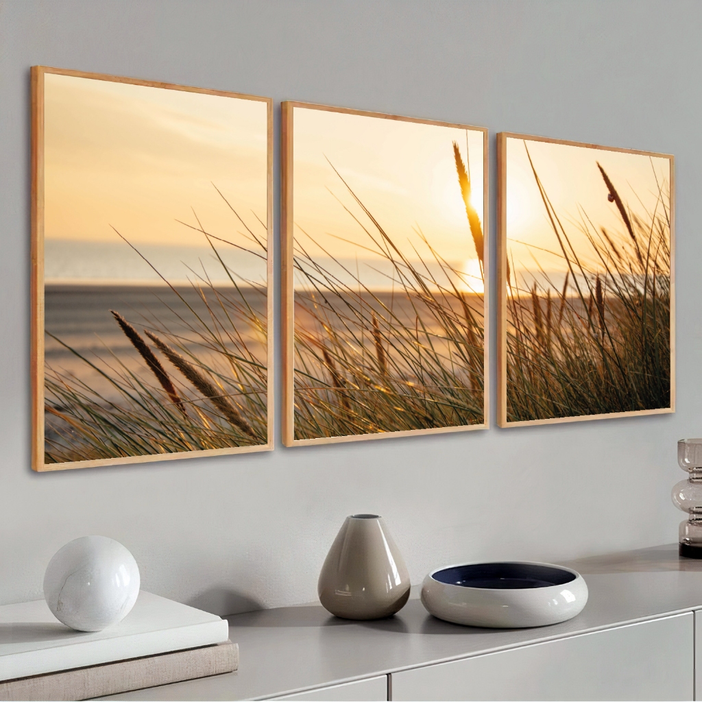 Conjunto Quadros Decorativos Moldura 50X70 cm Grande Sala Praia Com Vidro