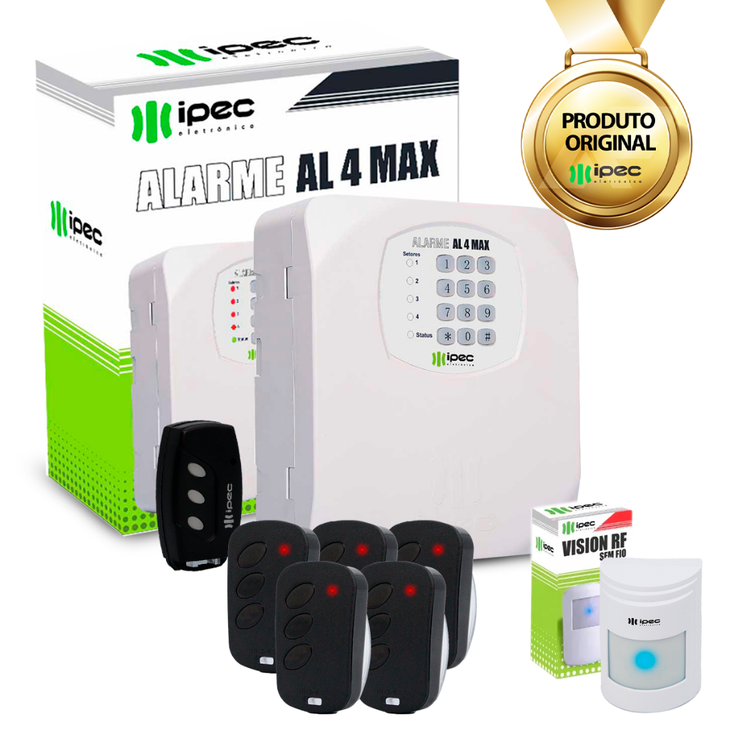 Kit Central de Alarme AL4 + Sensor Infravermelho sem Fio Vision e 5 Controles TX Deco IPEC