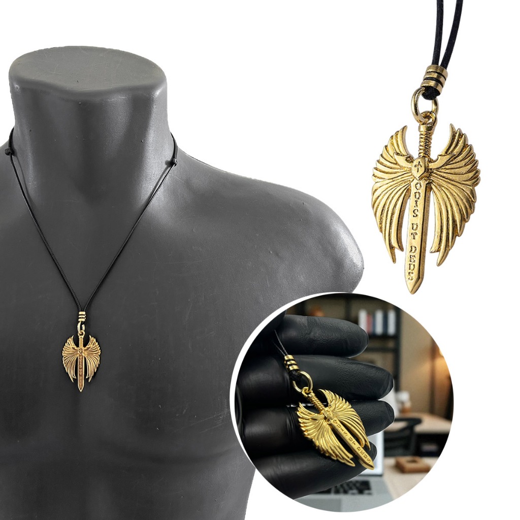 Colar Cordão Couro Encerado Pingente Arcanjo São Miguel Espada Angelical Aço Inox Dourado Proteção Força Católico