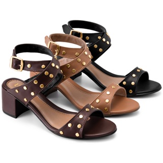 Sandália Feminina Lumiss Salto Baixo Bloco Confortável Bico Redondo Tachas Dourada em Oferta na Shopee