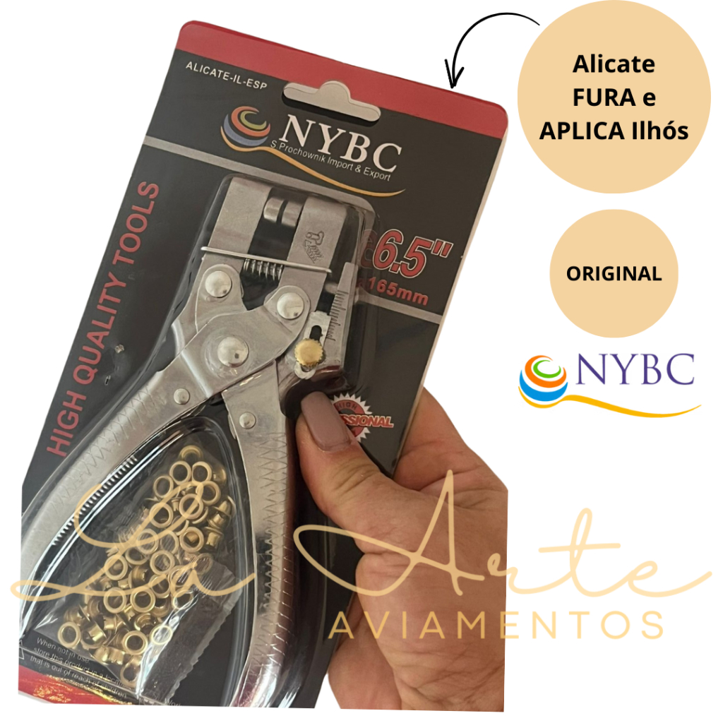 Alicate para Aplicar Ilhos 2 em 1 Fura e aplica marca NYBC + 100 ilhos dourados - Linha Profissional -