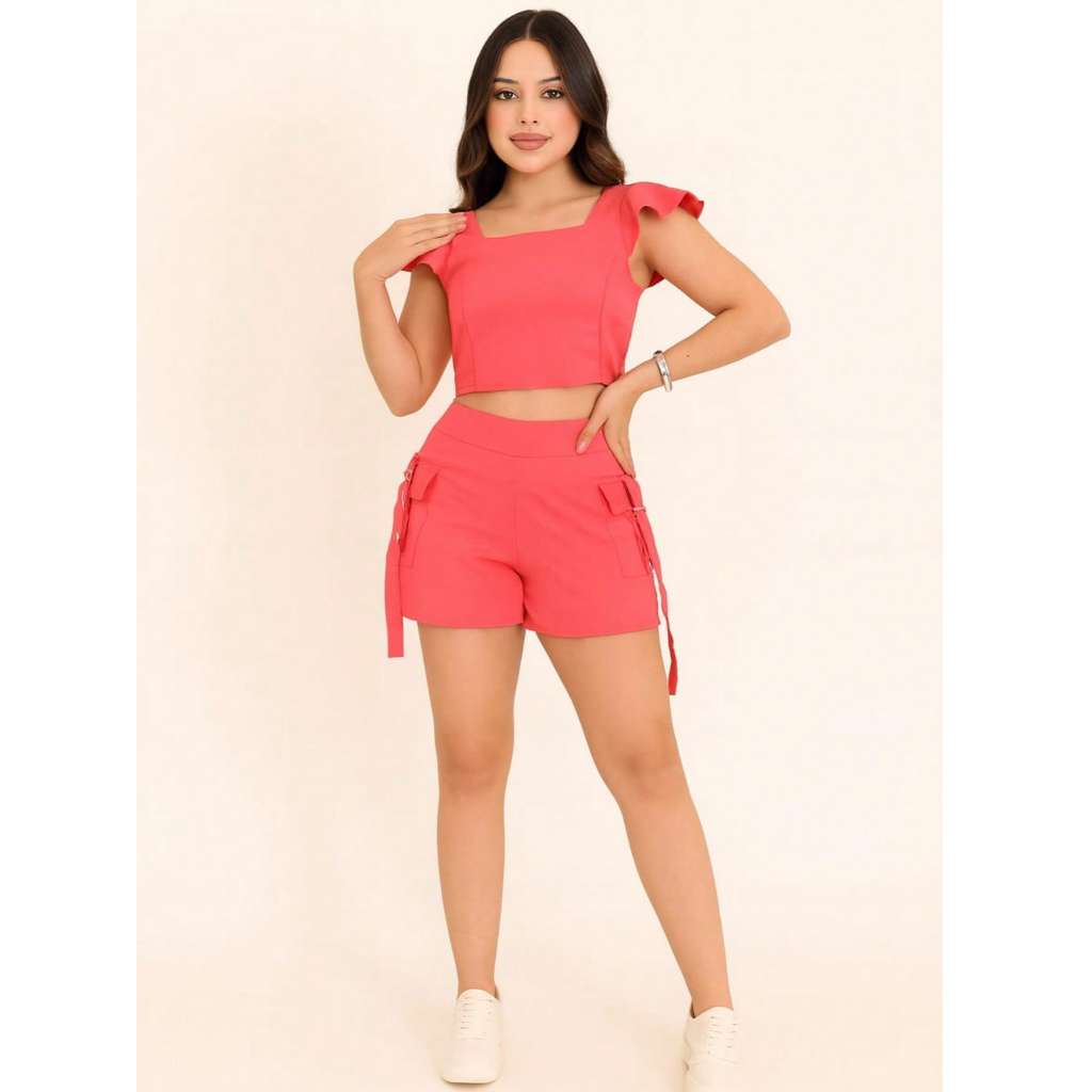 Short e Blusa Menina Elegante e Confortável – Conjunto Juvenil Adolescente Verão roupa natal com Bolsos Cargo em Oferta na Shopee