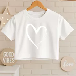 Camiseta Cropped Feminino Infantil Juvenil Estampa Coração Fashion Blusa De Menina Conforto Charm
